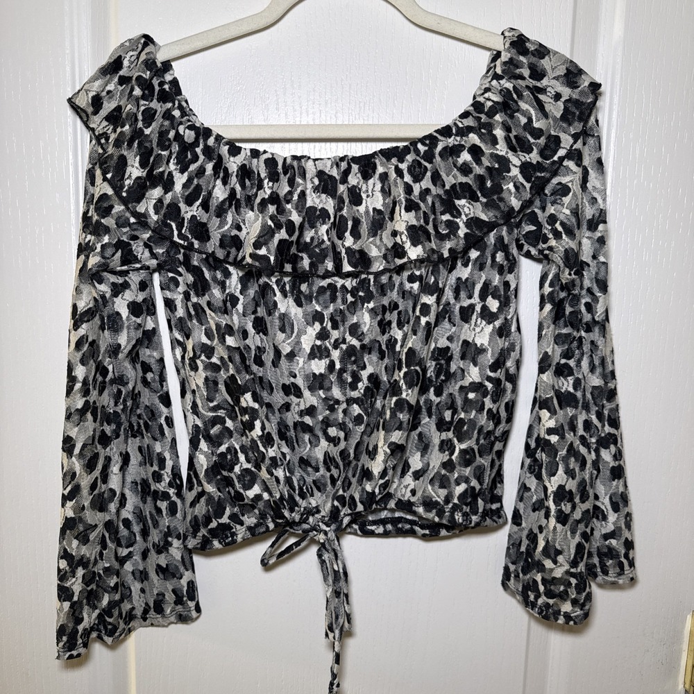 Charlotte Russe Leopard Lace Top S Sheer Gray Black Y2K Ruffle Whimsigoth Mesh